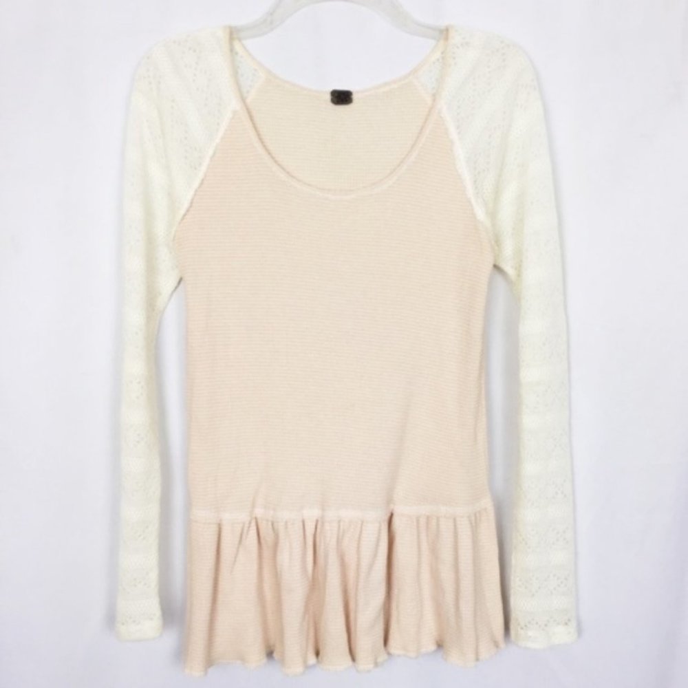 Free People pink lace sleeve ruffle hem top S